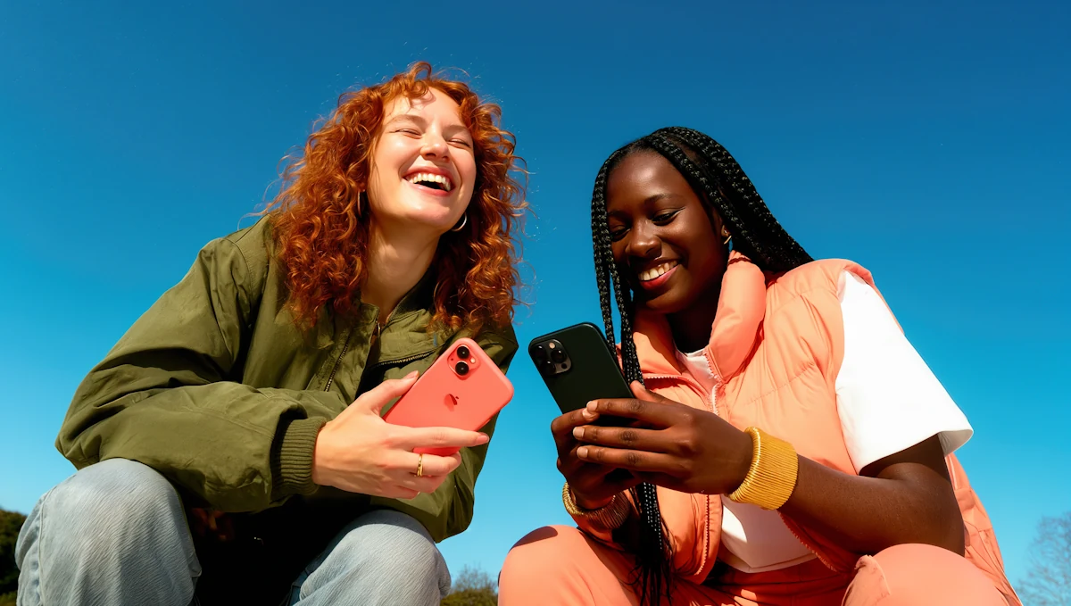 Deux amies qui rient en regardant leurs téléphones, sous un ciel bleu