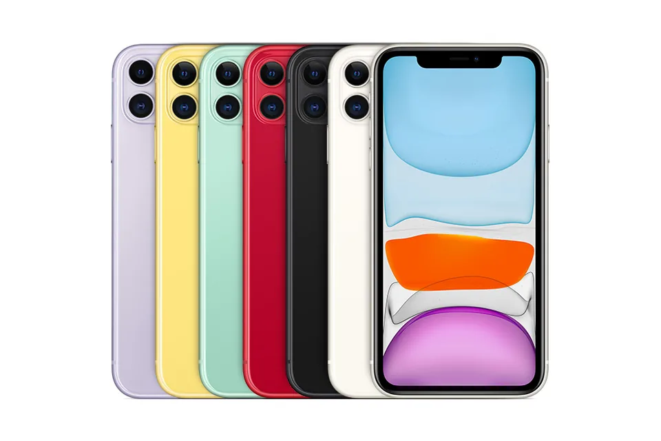 iPhone 11, shown from the back in its colours and from the front