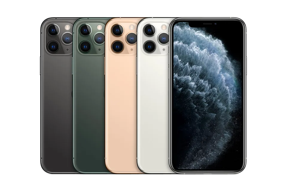 iPhone 11 Pro, shown from the back in its colours and from the front