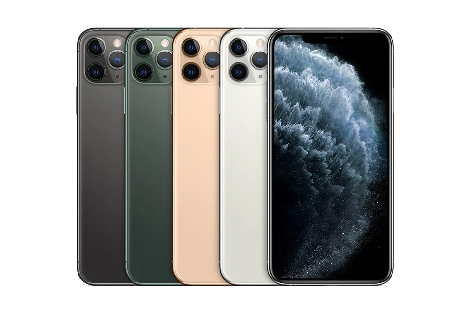 iPhone 11 Pro Max, shown from the back in its colours and from the front