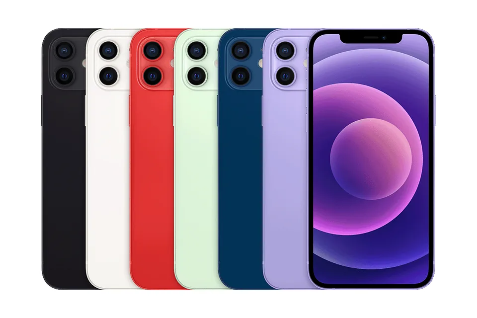 iPhone 12, shown from the back in its colours and from the front