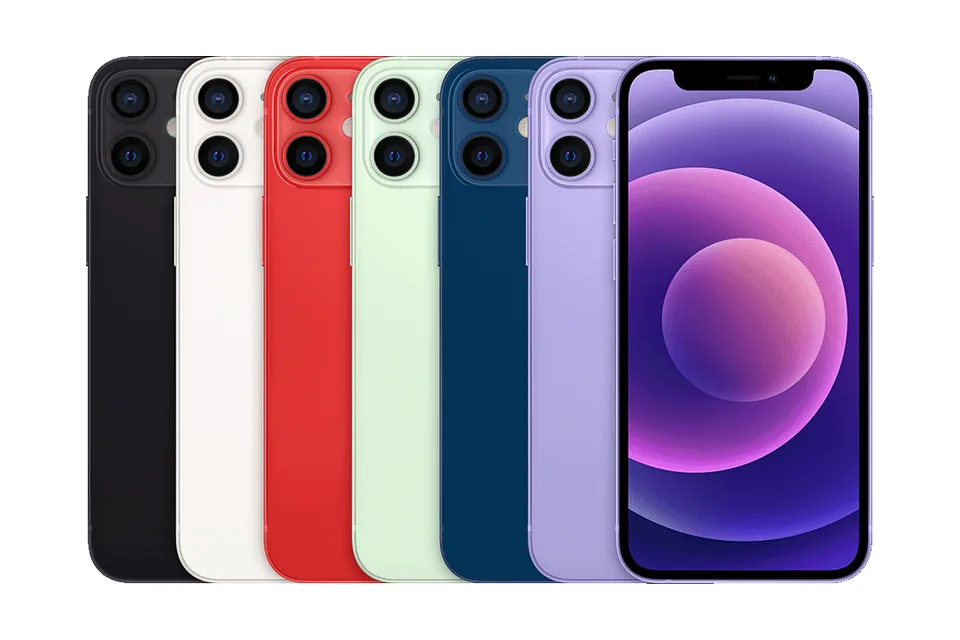 iPhone 12 mini, shown from the back in its colours and from the front
