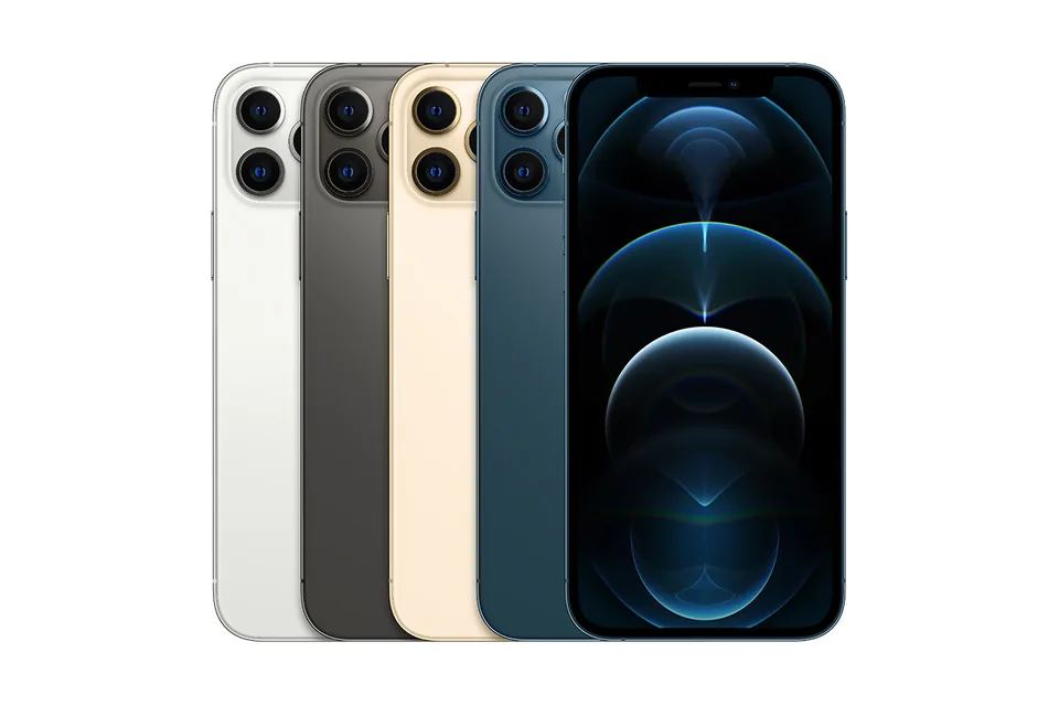 iPhone 12 Pro, shown from the back in its colours and from the front