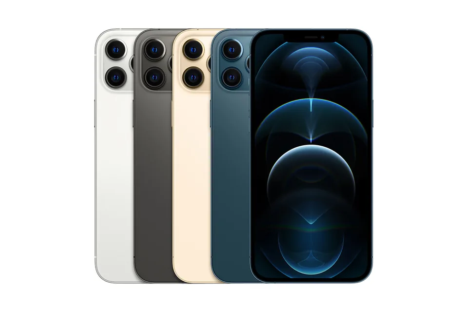 iPhone 12 Pro Max, shown from the back in its colours and from the front