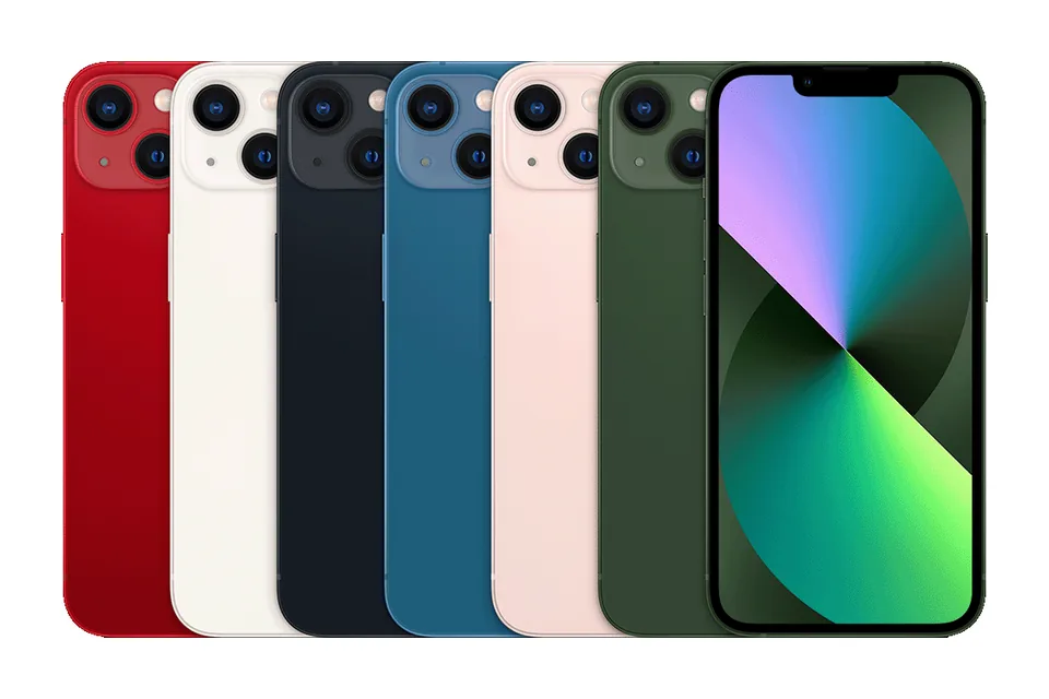 iPhone 13, shown from the back in its colours and from the front