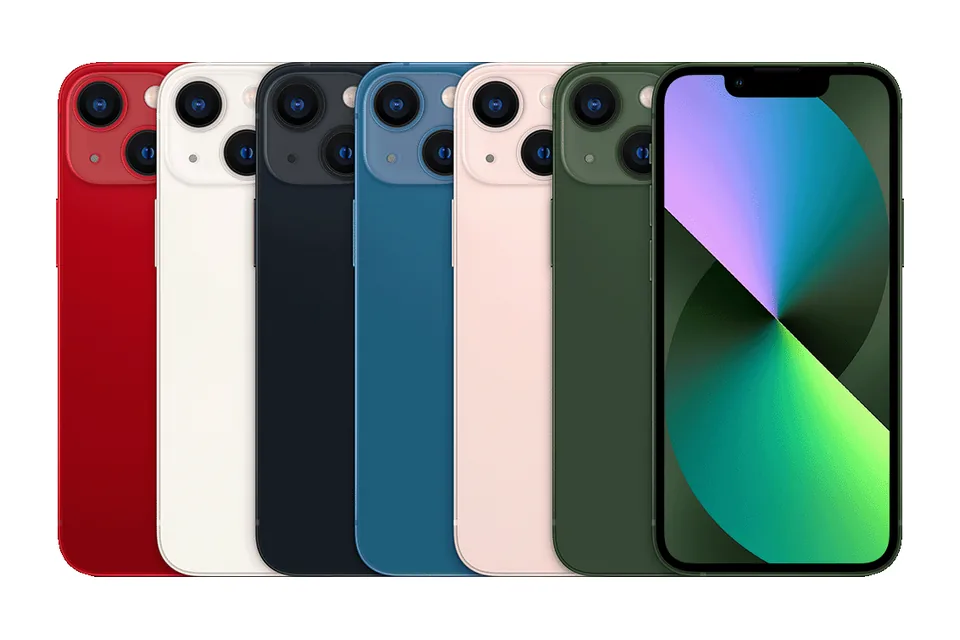 iPhone 13 mini, shown from the back in its colours and from the front