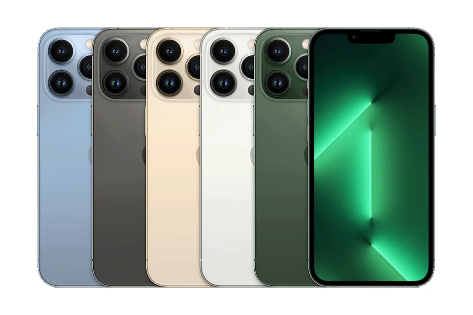 iPhone 13 Pro, shown from the back in its colours and from the front