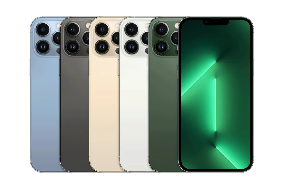 iPhone 13 Pro Max, shown from the back in its colours and from the front