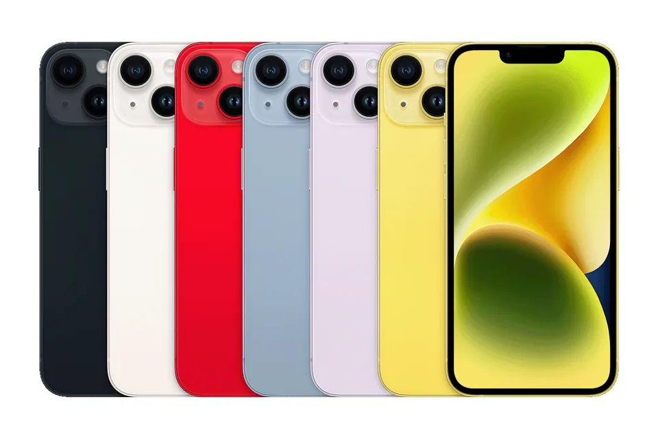 iPhone 14, shown from the back in its colours and from the front