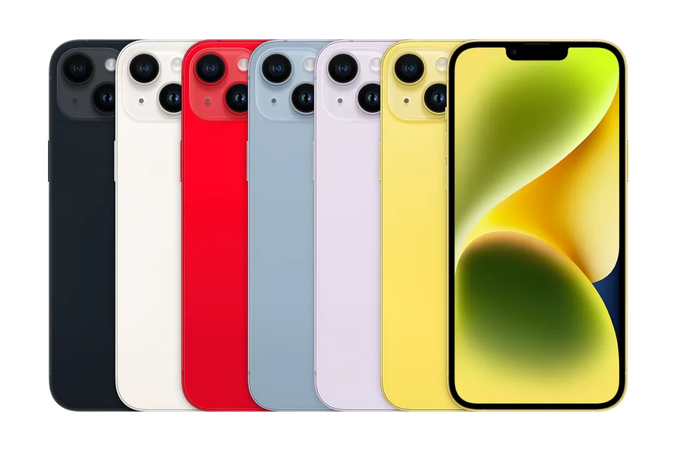 iPhone 14 Plus, shown from the back in its colours and from the front