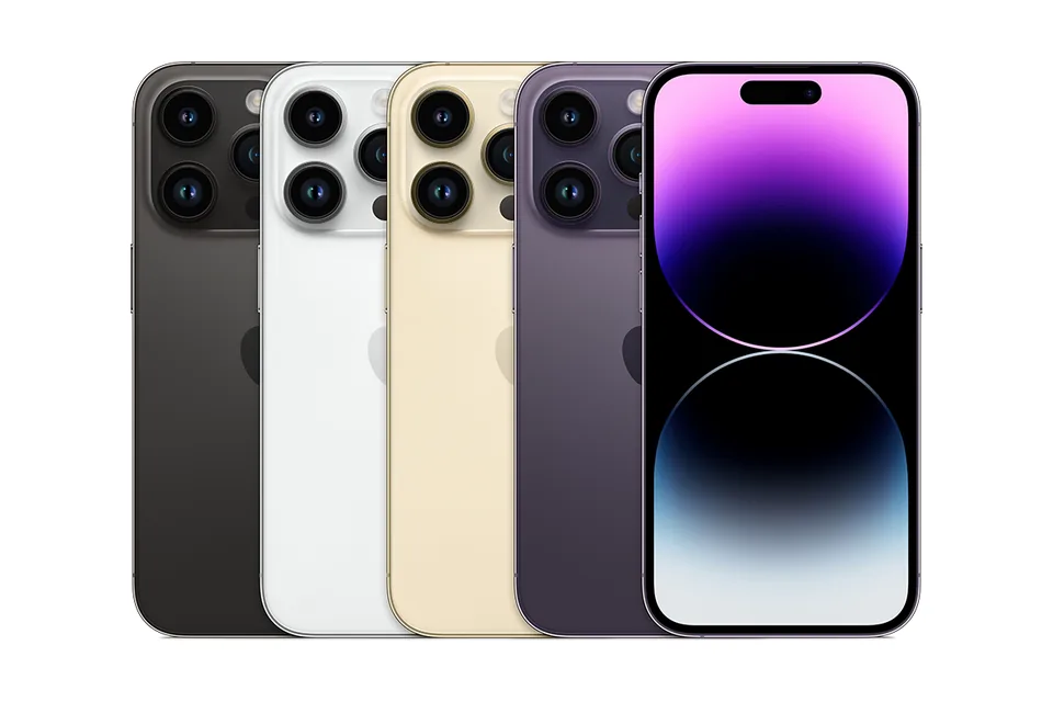 iPhone 14 Pro, shown from the back in its colours and from the front