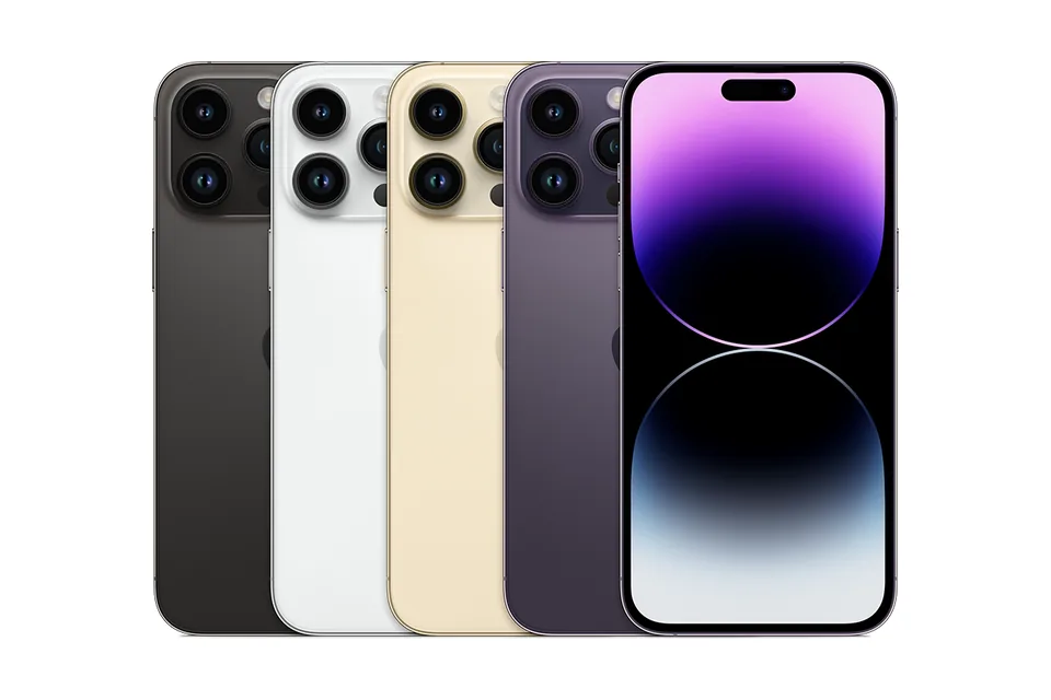 iPhone 14 Pro Max, shown from the back in its colours and from the front