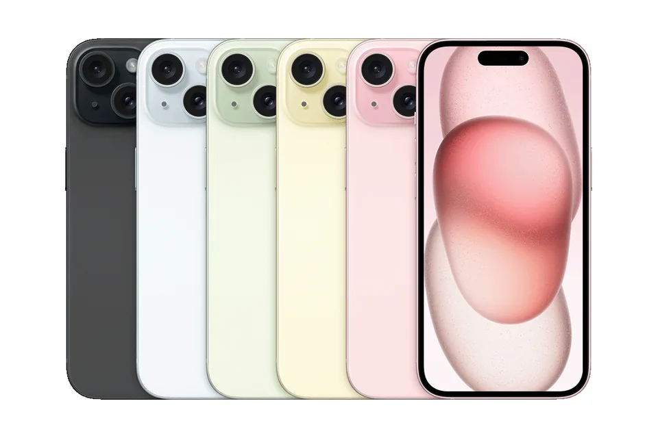 iPhone 15, shown from the back in its colours and from the front