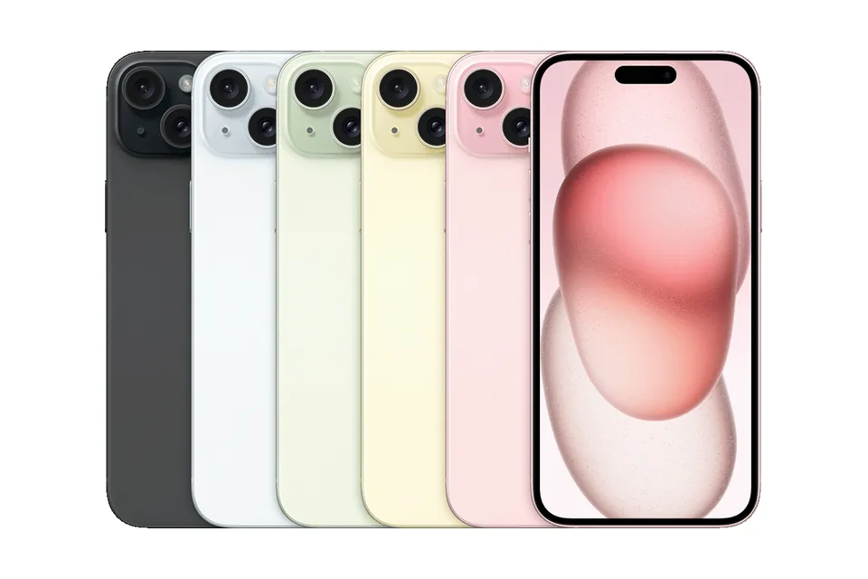 iPhone 15 Plus, shown from the back in its colours and from the front