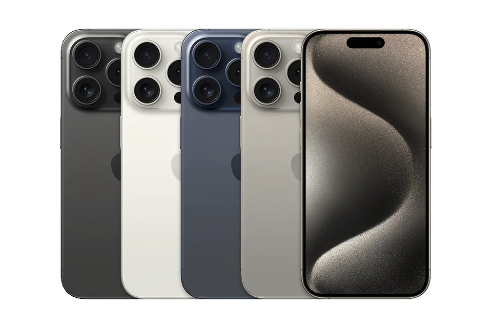 iPhone 15 Pro, shown from the back in its colours and from the front
