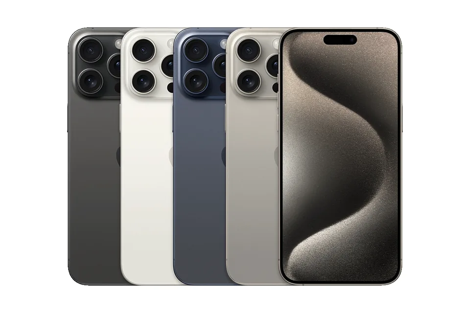 iPhone 15 Pro Max, shown from the back in its colours and from the front