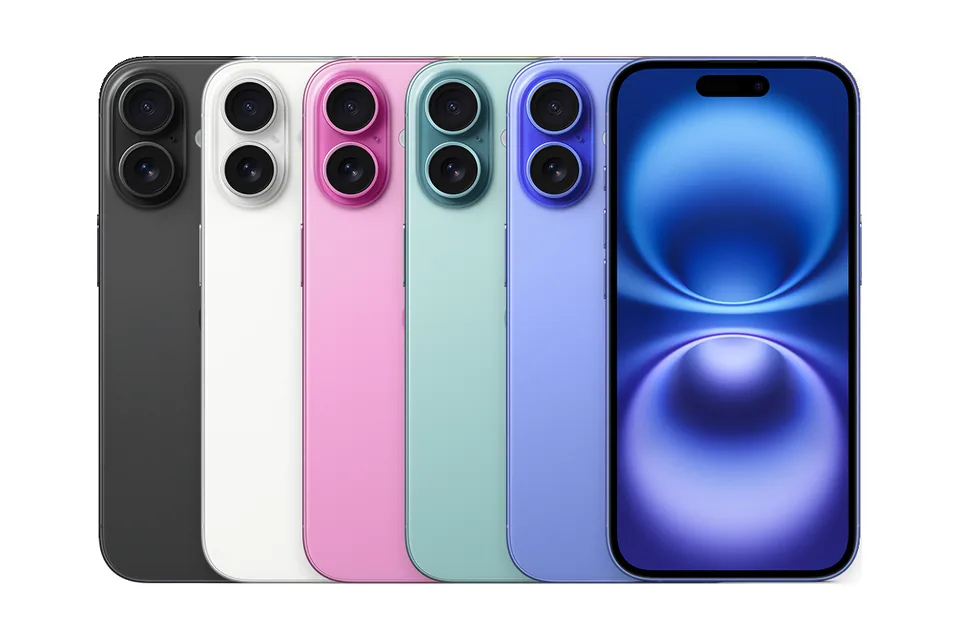 iPhone 16, shown from the back in its colours and from the front