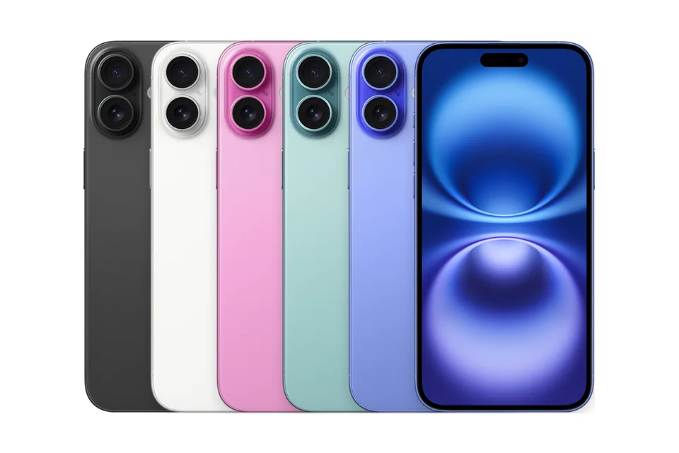 iPhone 16 Plus, shown from the back in its colours and from the front