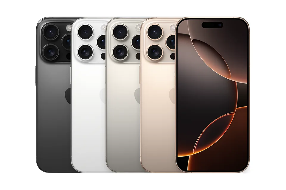 iPhone 16 Pro, shown from the back in its colours and from the front