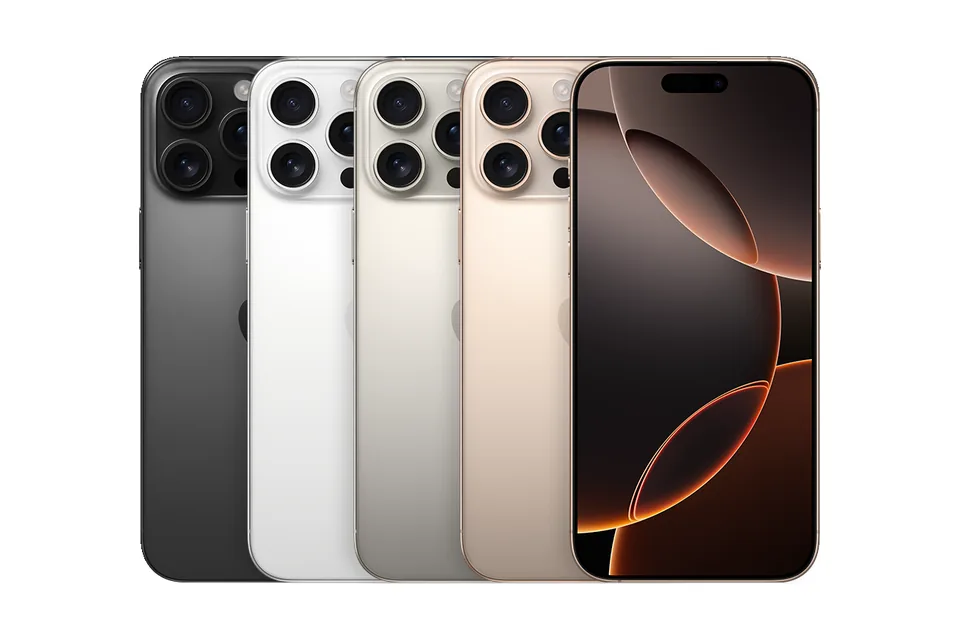 iPhone 16 Pro Max, shown from the back in its colours and from the front