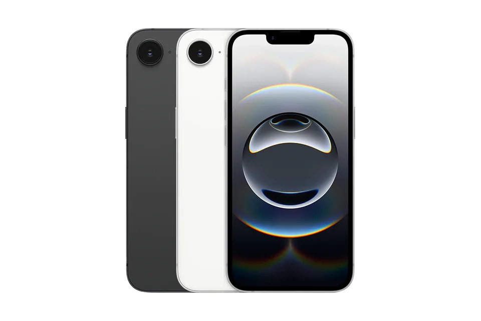 iPhone 16e, shown from the back in its colours and from the front