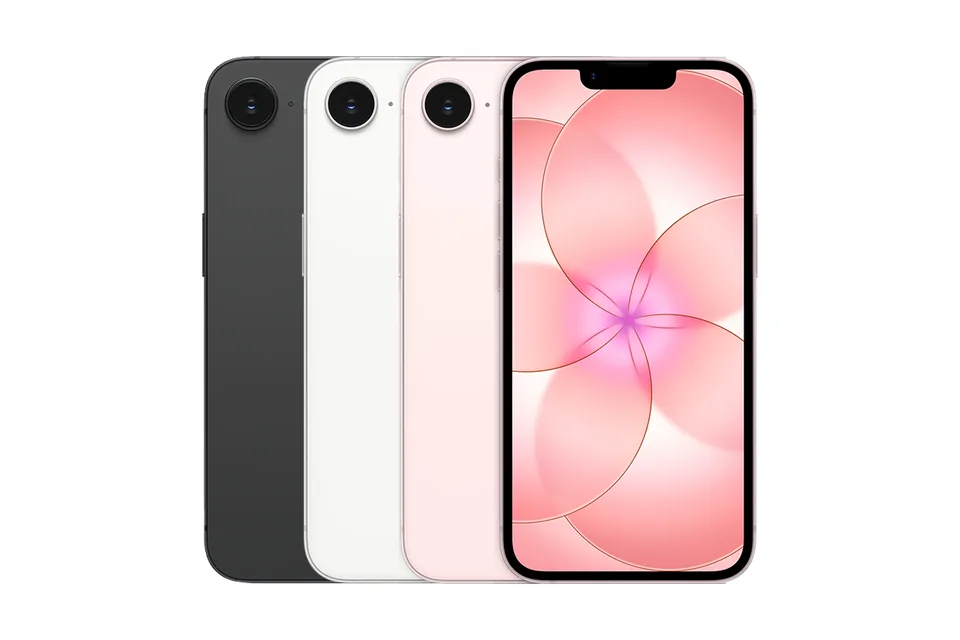 iPhone 17e, shown from the back in its colours and from the front