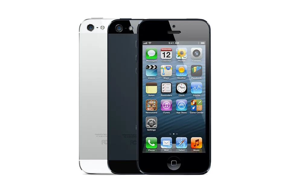 iPhone 5, shown from the back in its colours and from the front