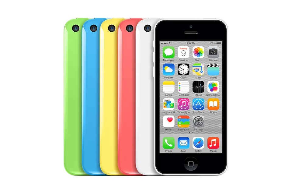 iPhone 5c, shown from the back in its colours and from the front