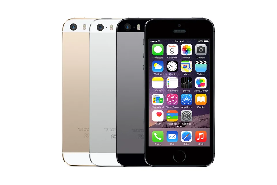 iPhone 5s, shown from the back in its colours and from the front