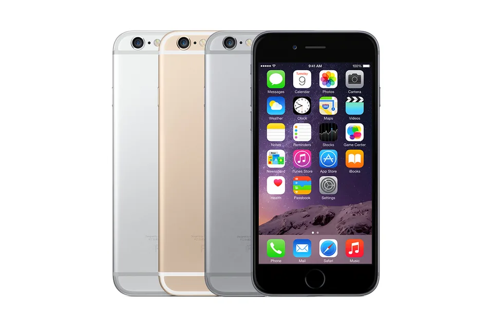 iPhone 6, shown from the back in its colours and from the front
