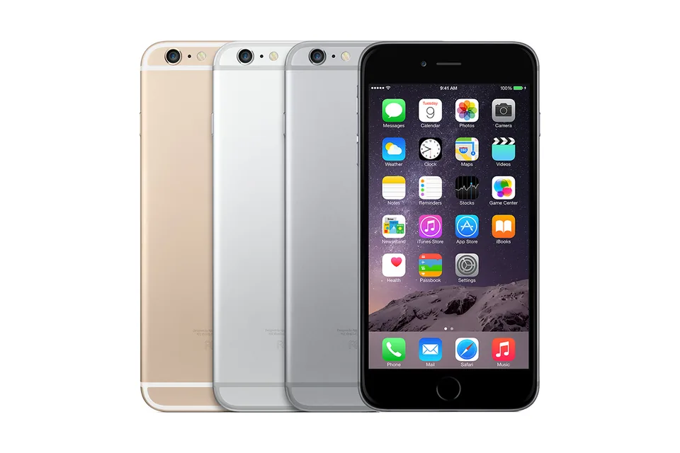 iPhone 6 Plus, shown from the back in its colours and from the front