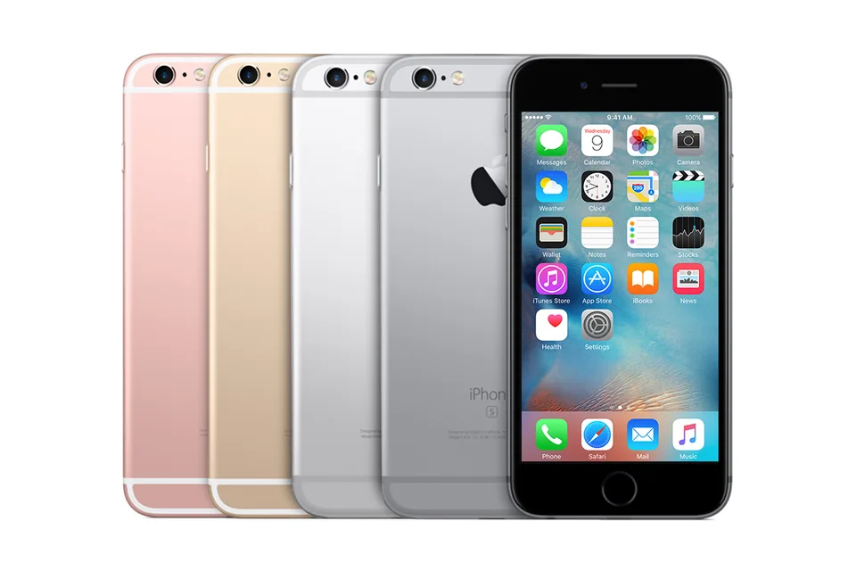 iPhone 6s, shown from the back in its colours and from the front