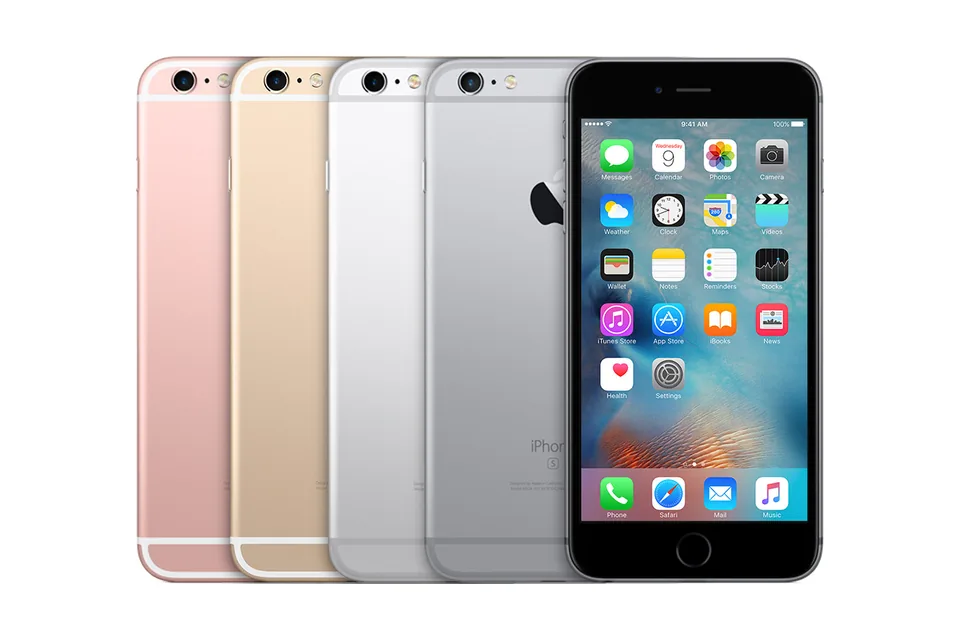 iPhone 6s Plus, shown from the back in its colours and from the front