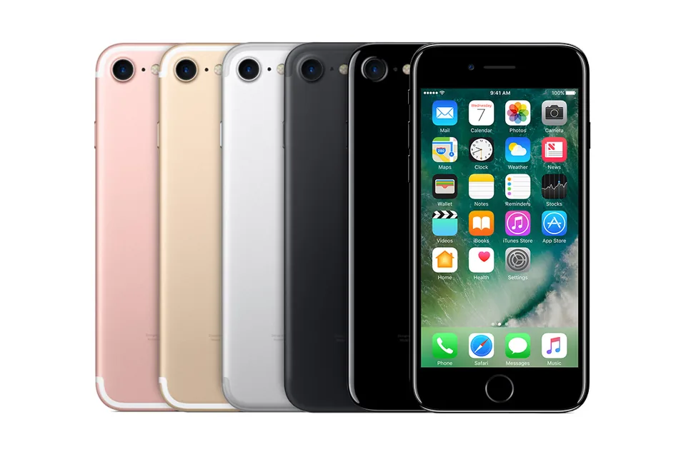 iPhone 7, shown from the back in its colours and from the front