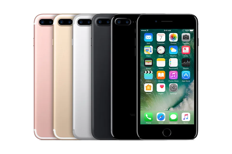 iPhone 7 Plus, shown from the back in its colours and from the front