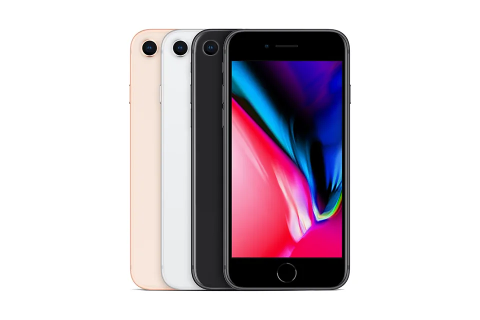 iPhone 8, shown from the back in its colours and from the front