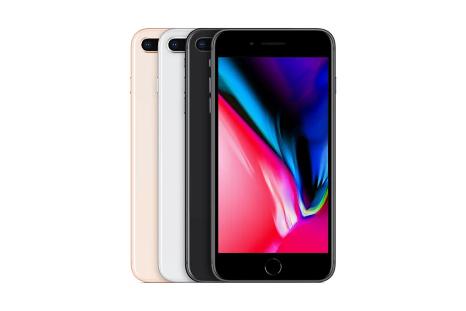 iPhone 8 Plus, shown from the back in its colours and from the front