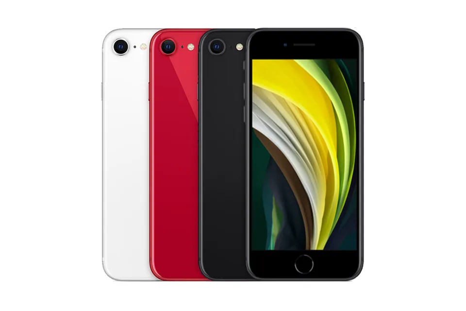 iPhone SE (2nd generation), shown from the back in its colours and from the front