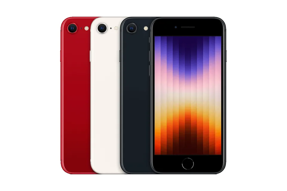 iPhone SE (3rd generation), shown from the back in its colours and from the front