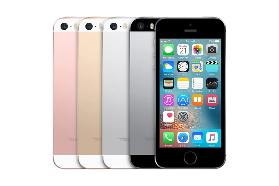 iPhone SE (1st generation), shown from the back in its colours and from the front