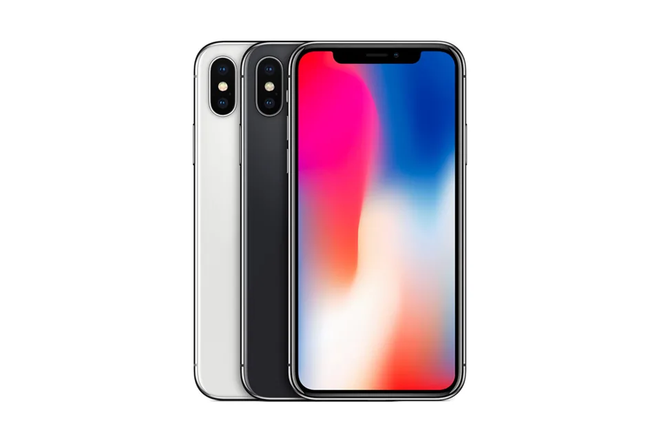 iPhone X, shown from the back in its colours and from the front