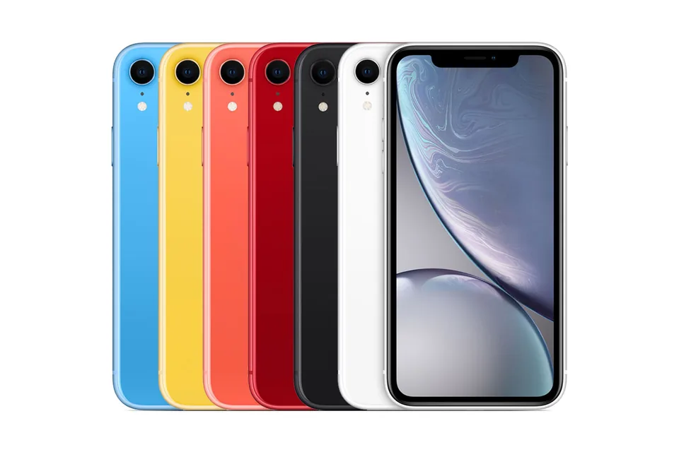 iPhone XR, shown from the back in its colours and from the front