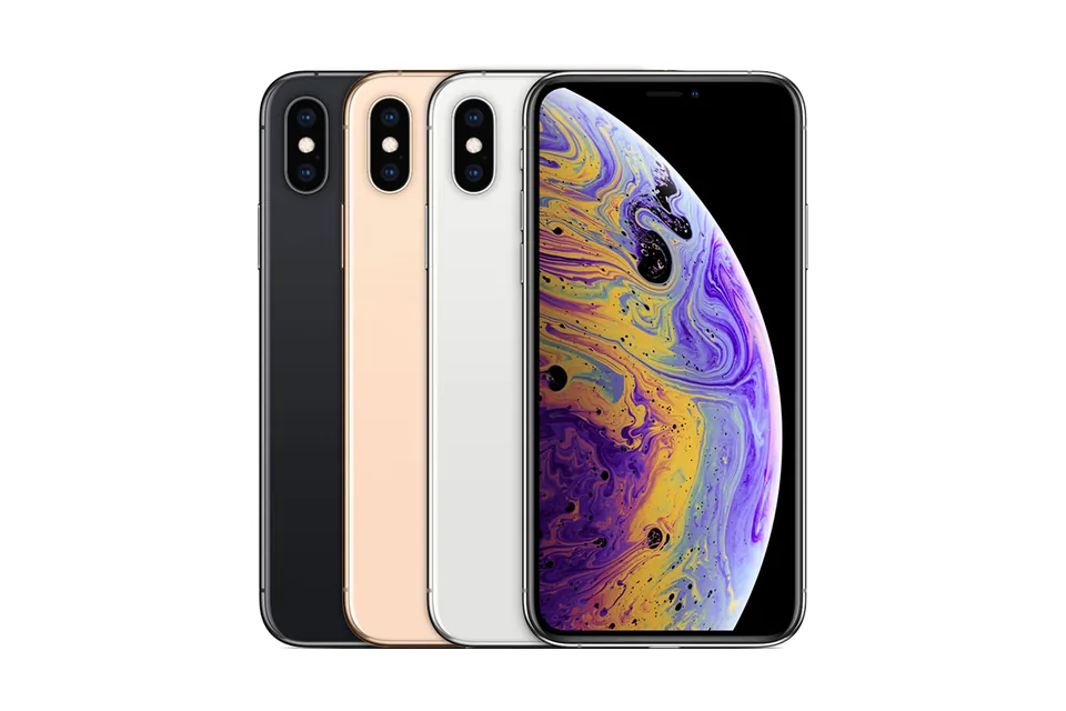 iPhone XS, shown from the back in its colours and from the front