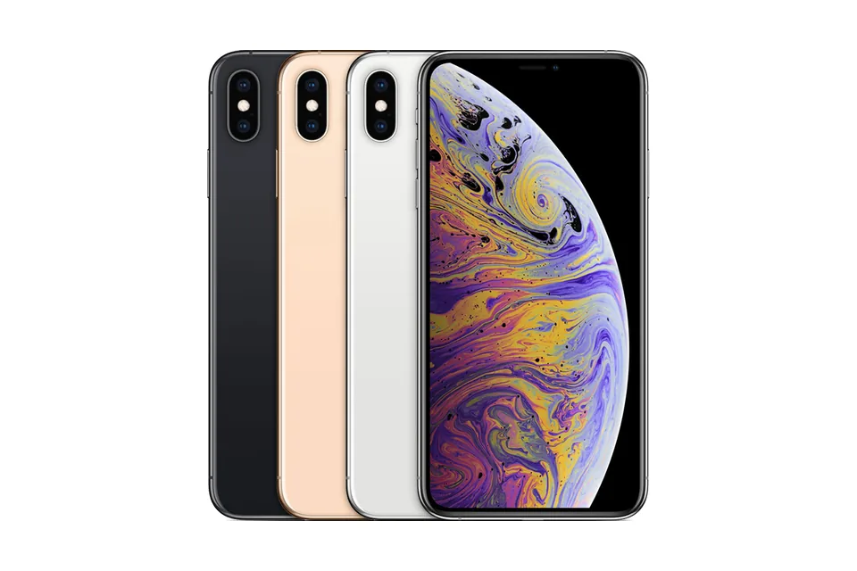 iPhone XS Max, shown from the back in its colours and from the front