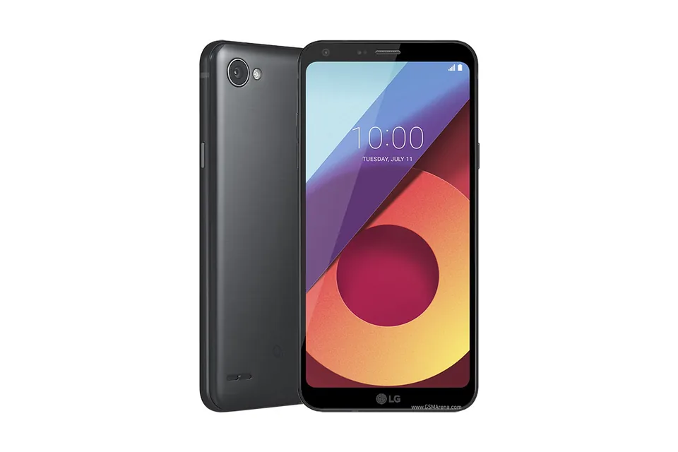 LG Q6, shown from the back in its colours and from the front
