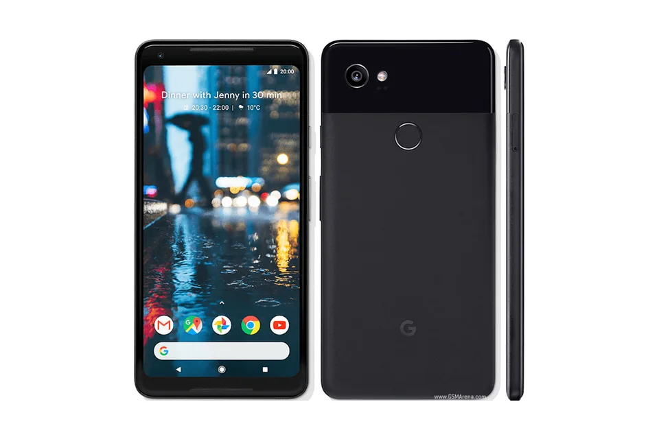 Pixel 2 XL, shown from the back in its colours and from the front