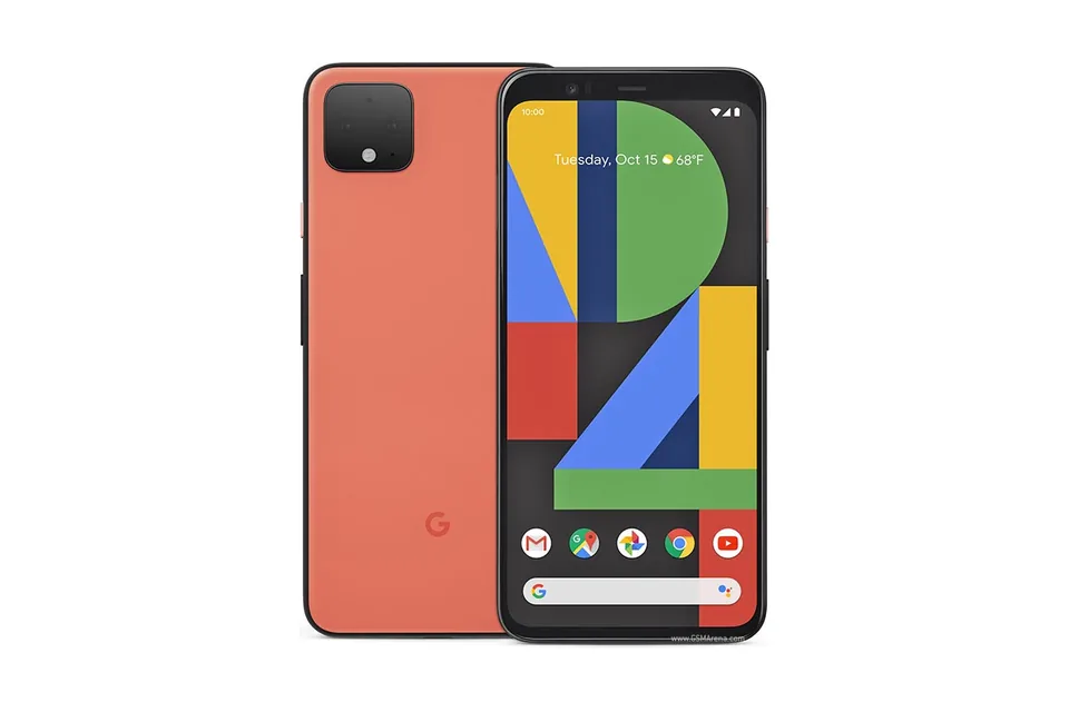 Pixel 4, shown from the back in its colours and from the front