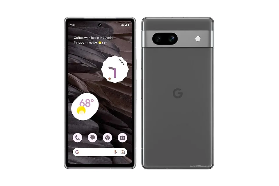 Pixel 7a, shown from the back in its colours and from the front