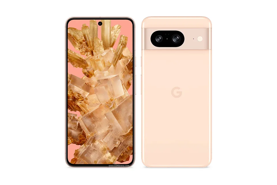 Pixel 8, shown from the back in its colours and from the front