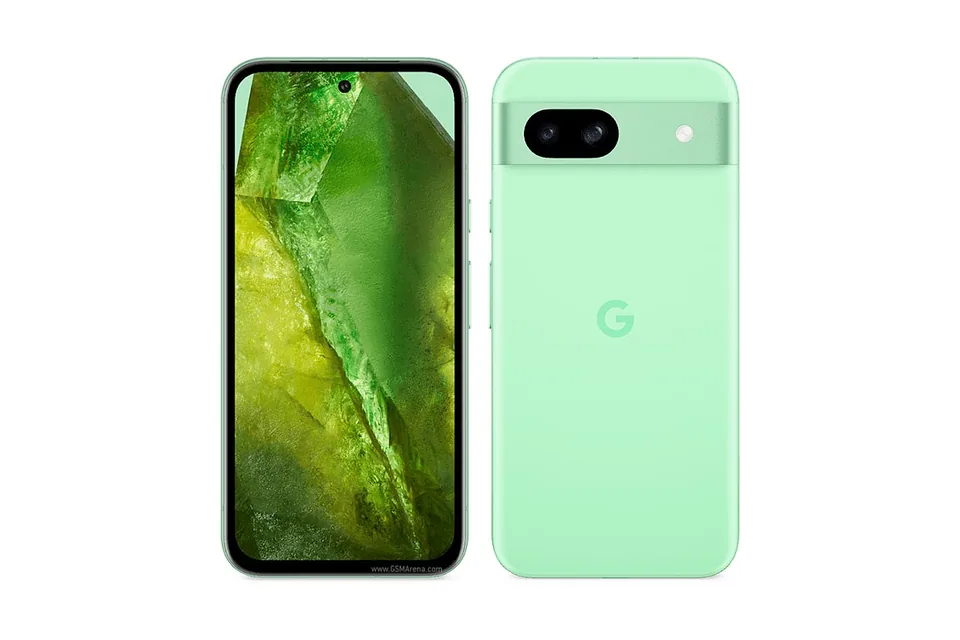 Pixel 8a, shown from the back in its colours and from the front